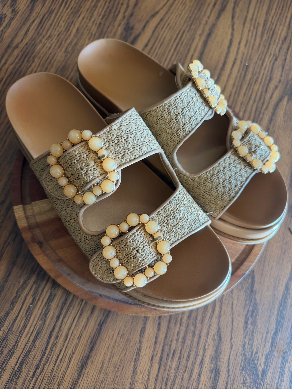 BCBGeneration Woven Double-Buckle Slide Sandals in Light Brown